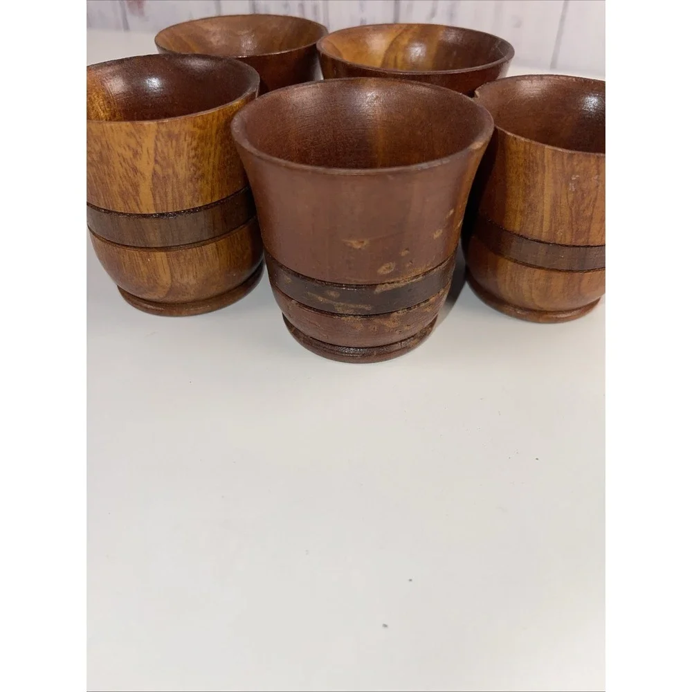 Vintage Boho Hand Carved Wooden 5 Shot Glasses
